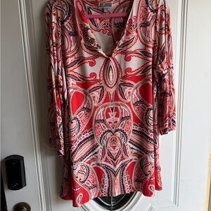 JM Collection Red & Cream Paisley V-Neck Tunic